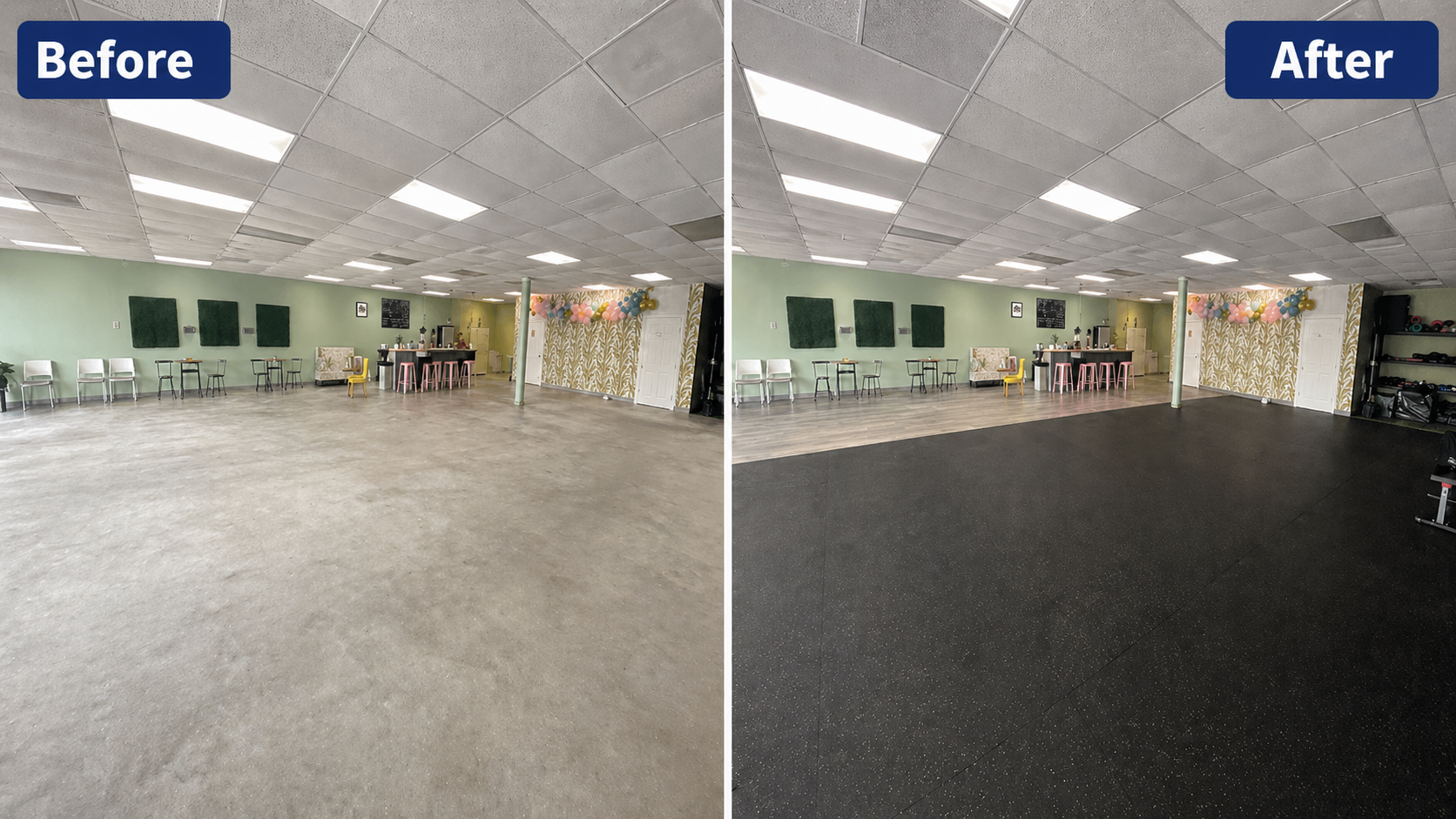 Studio gym rubber flooring before and after