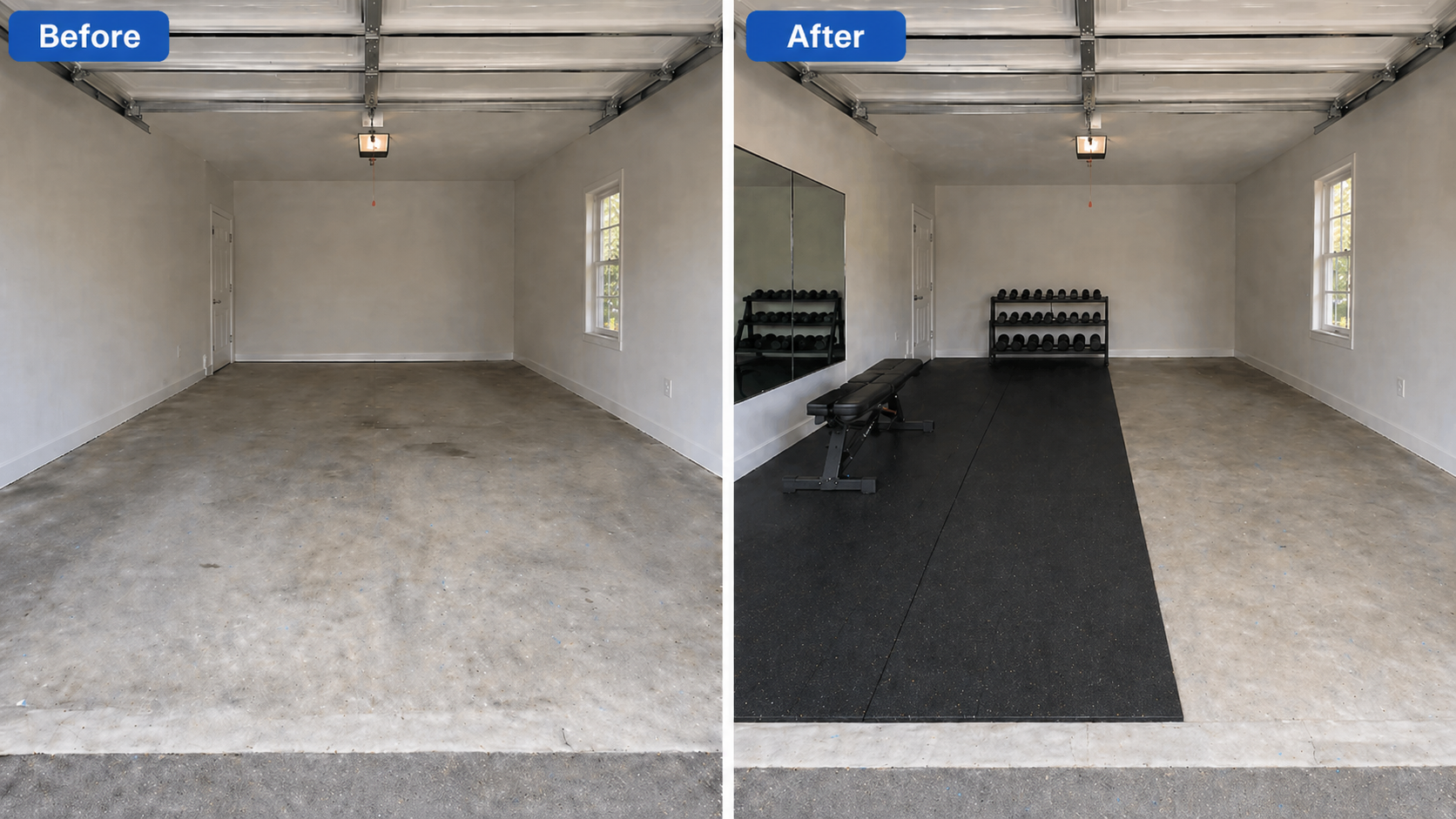 Garage rubber flooring before and after