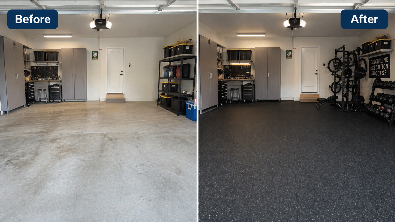 Workshop garage rubber flooring before and after