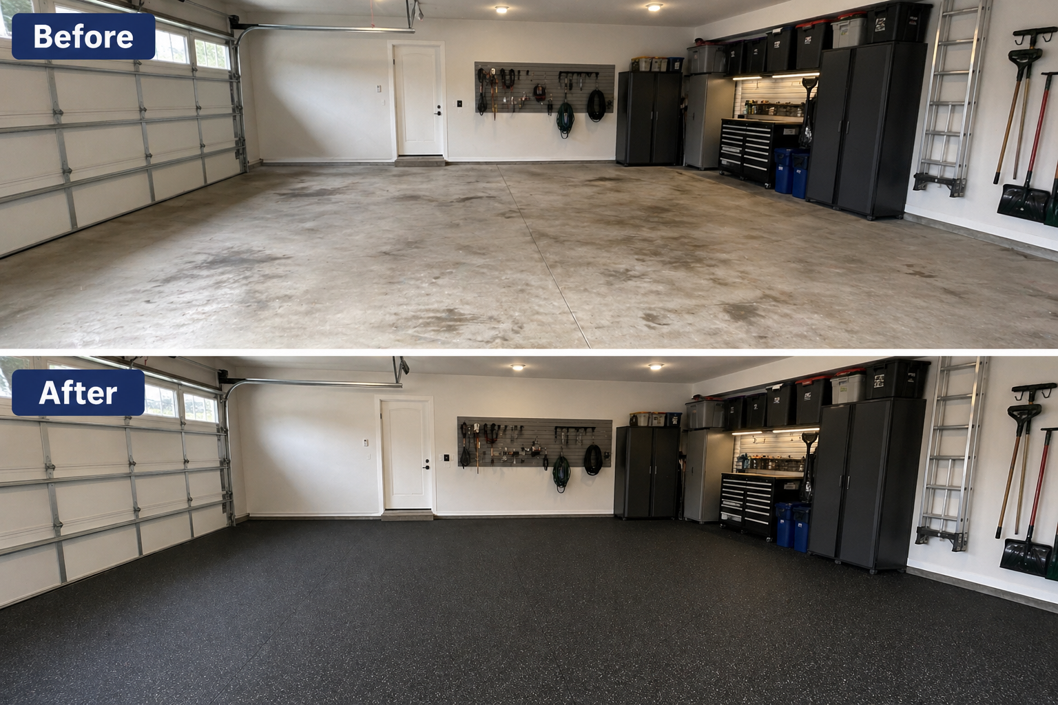 Two-car garage rubber flooring before and after