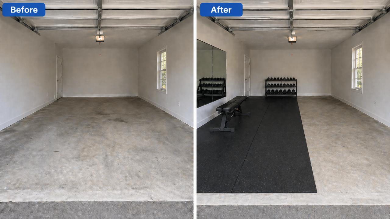 Before and after 2-car garage home gym rubber flooring