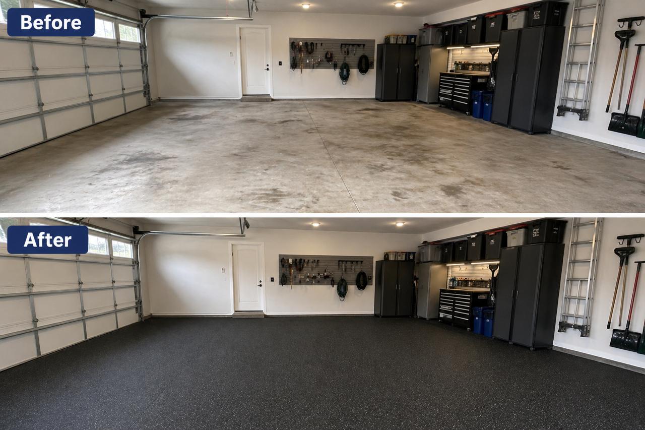 Before and after garage workshop with cabinets and rubber flooring