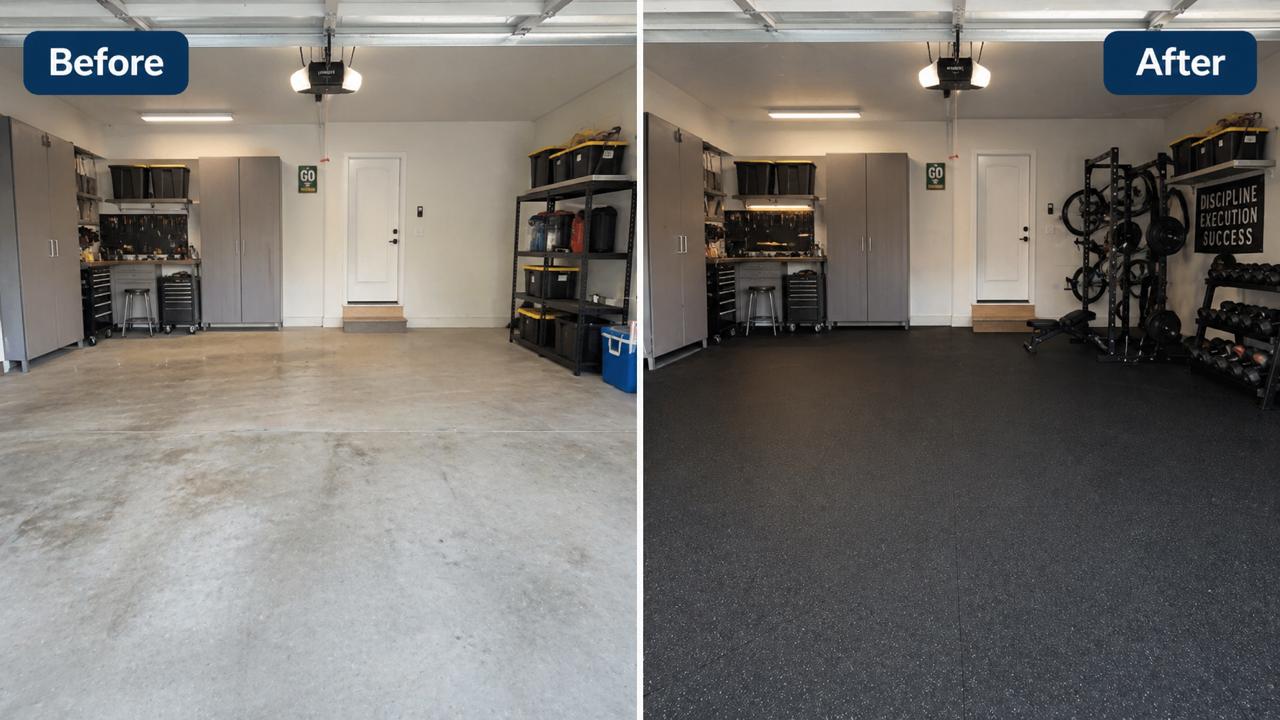 Before and after garage home gym with squat rack and rubber flooring