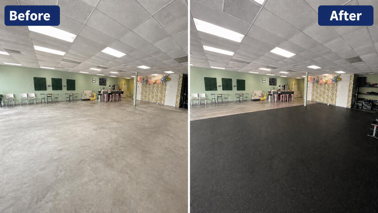 Before and after commercial studio gym rubber flooring install