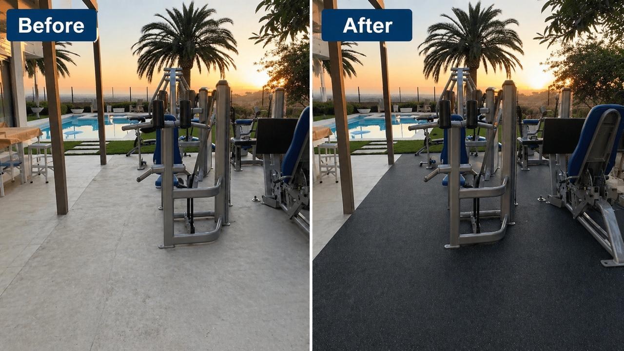 Before and after outdoor poolside gym rubber flooring install