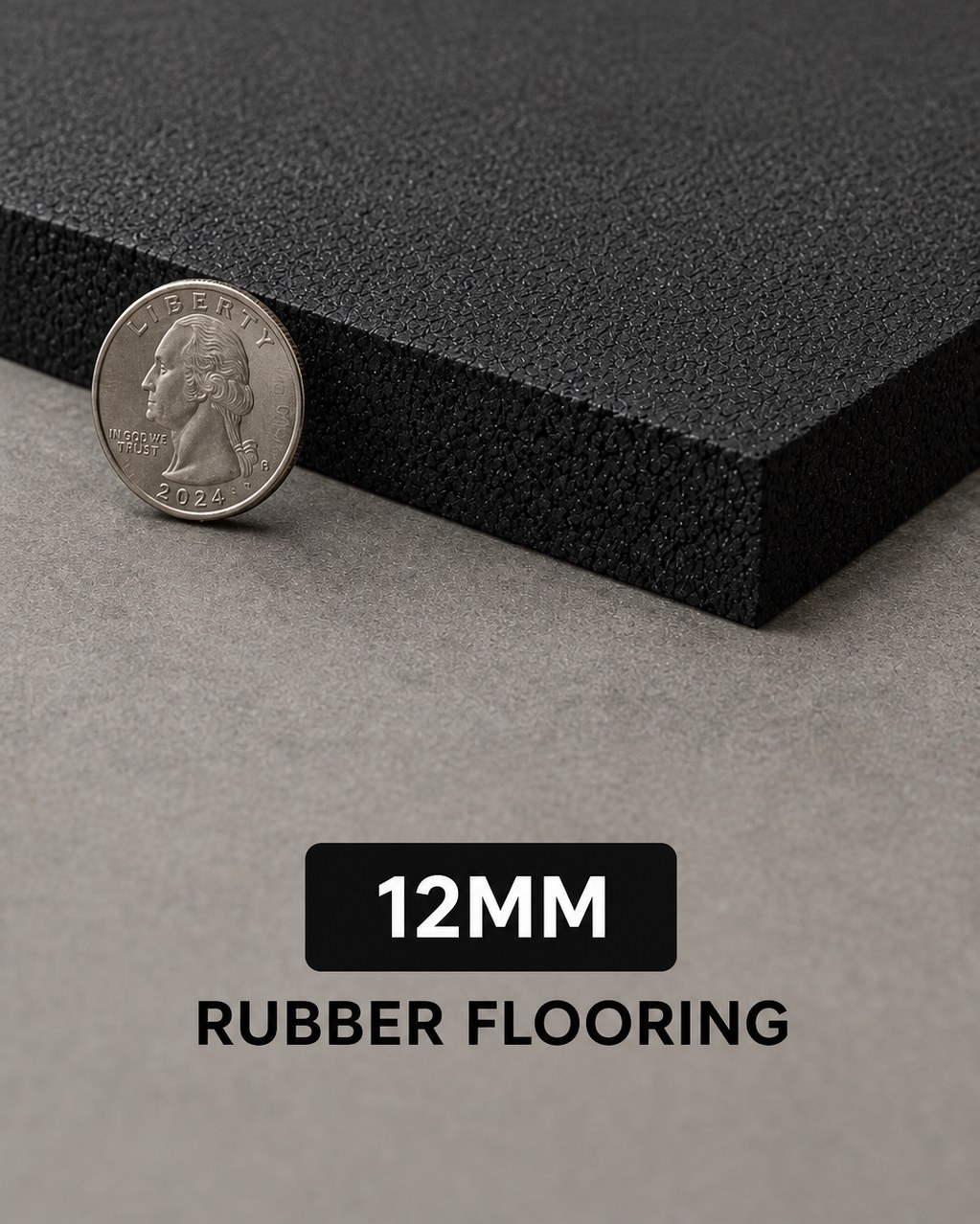 12mm rubber flooring edge profile shown beside a US quarter for scale