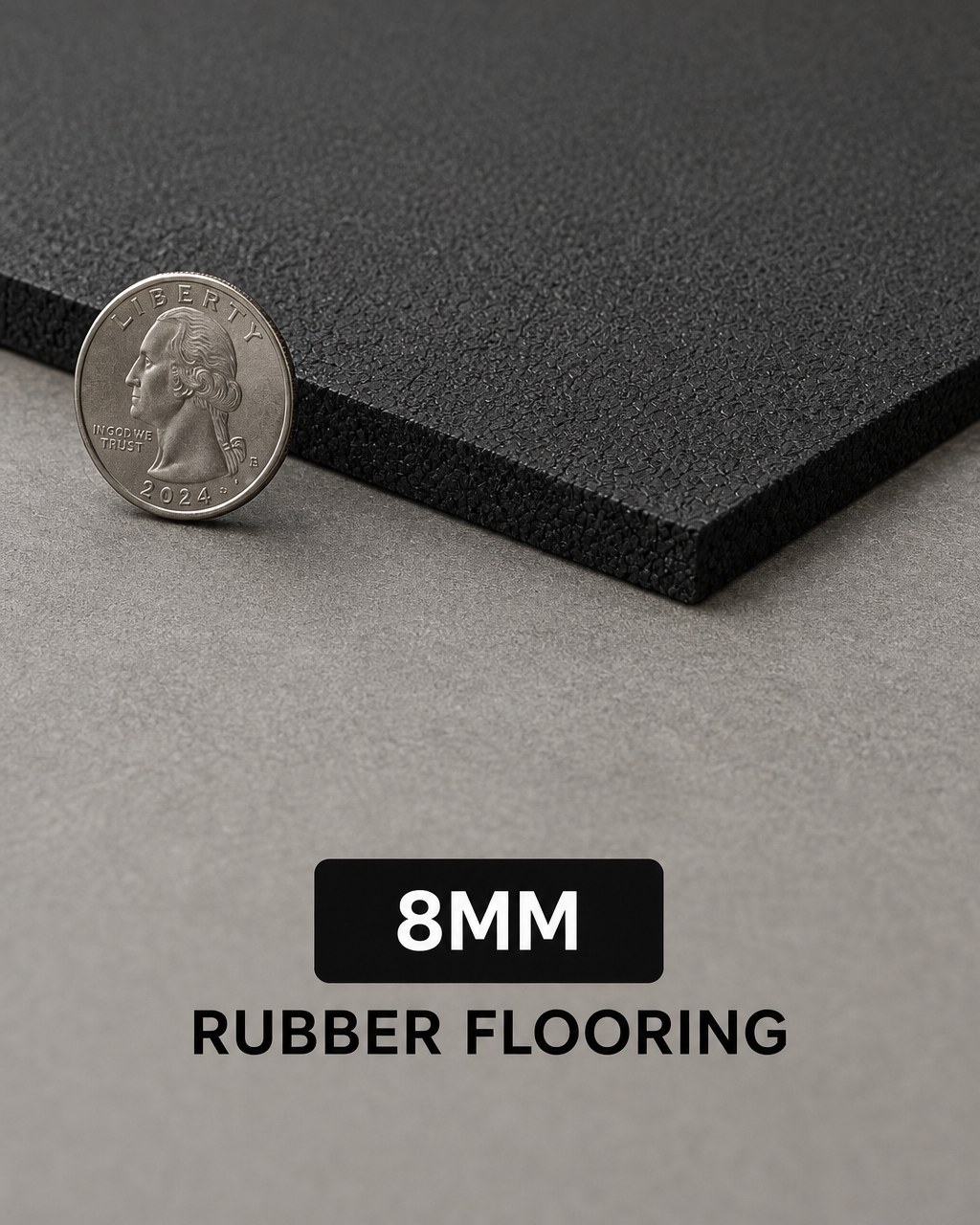 8mm rubber flooring edge profile shown beside a US quarter for scale